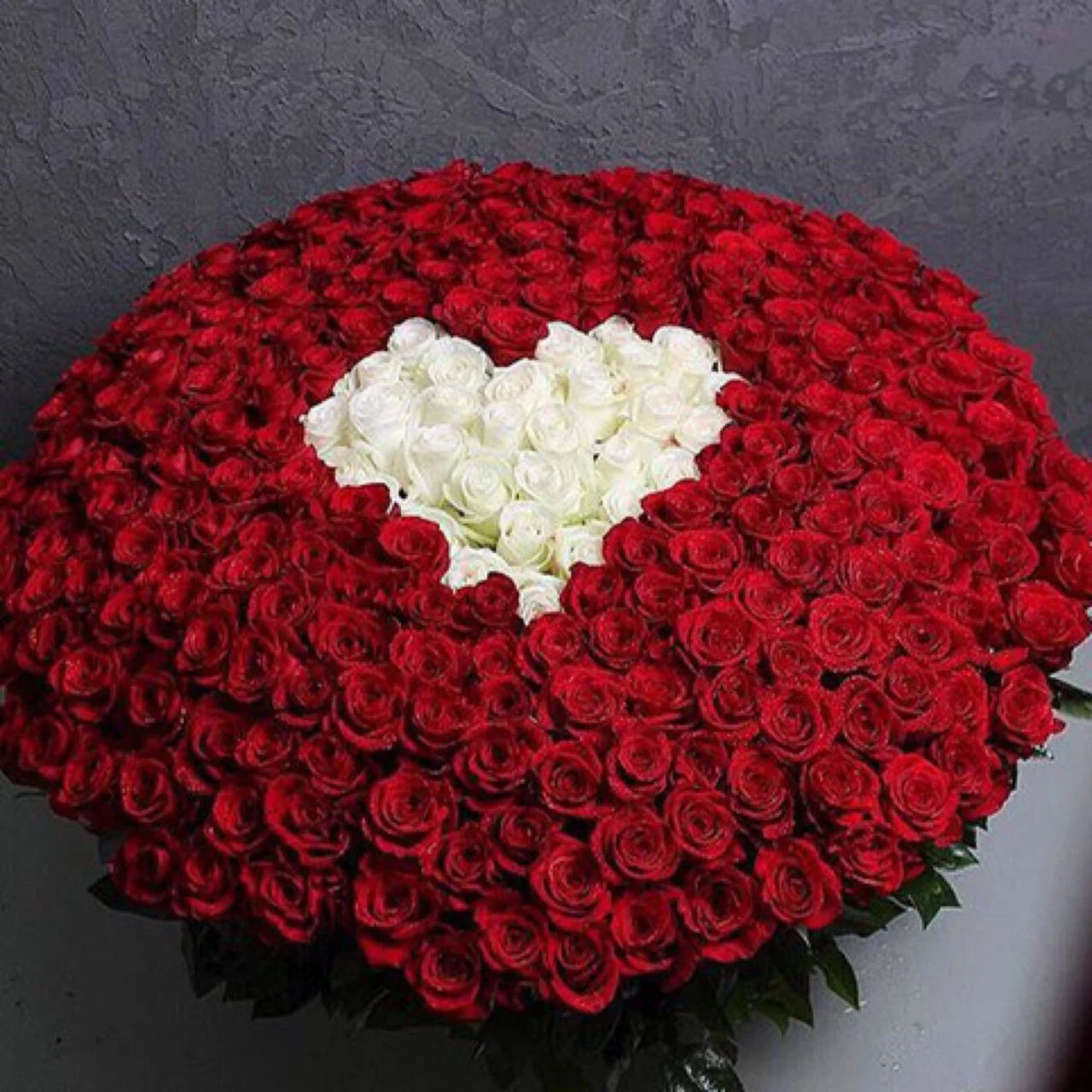 bouquet of 500 luxury red roses with a heart made of white roses on a dark background