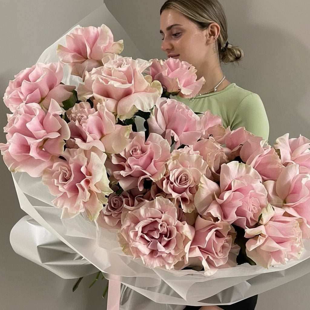 Person holding a large bouquet of pink flowers against a neutral background