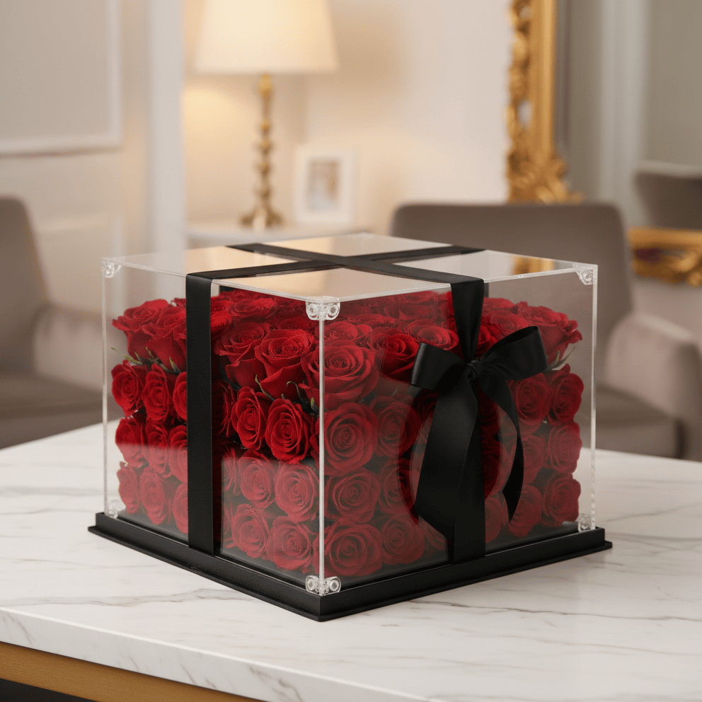 The Iconic Rose Cube | Luxury Red Roses in Acrylic Box – 100 Roses London
